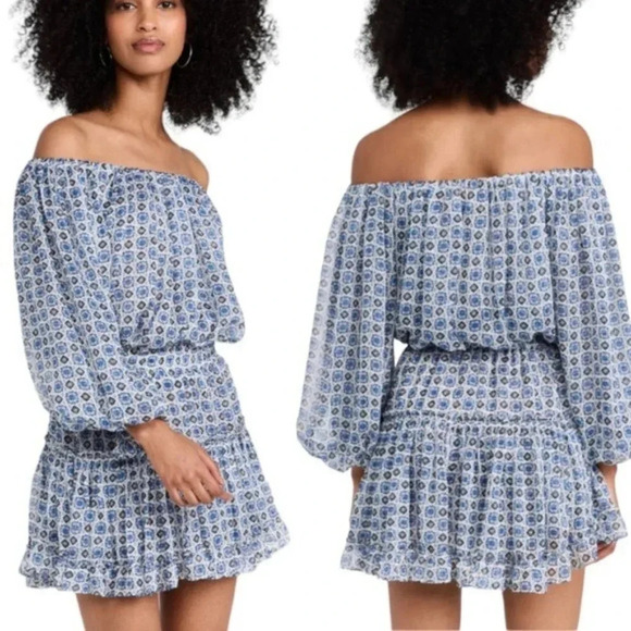 MISA Zonia Chiffon Mini Dress in Scorpio’s Tile Blue Size S NWT - Picture 3 of 14